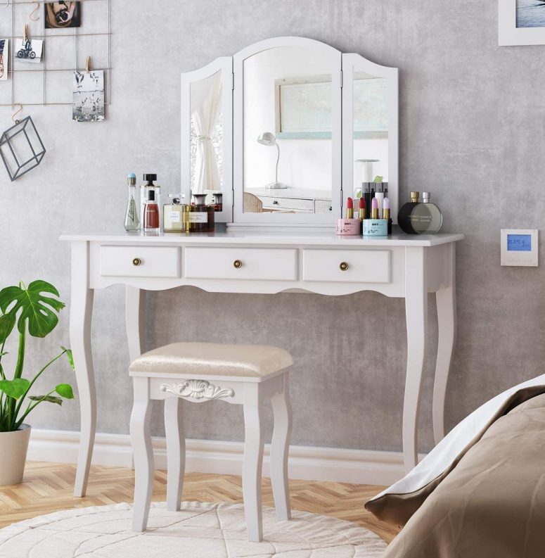 Cómo hacer un tocador de maquillaje con luces. Mesa tocador, espejo, luces LED, taburete y organizador de maquillaje.